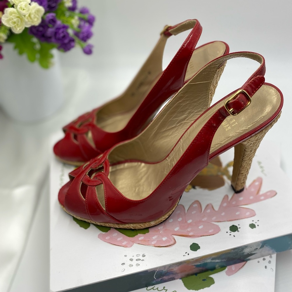 Stuart Weitzman red stilettos straw heels